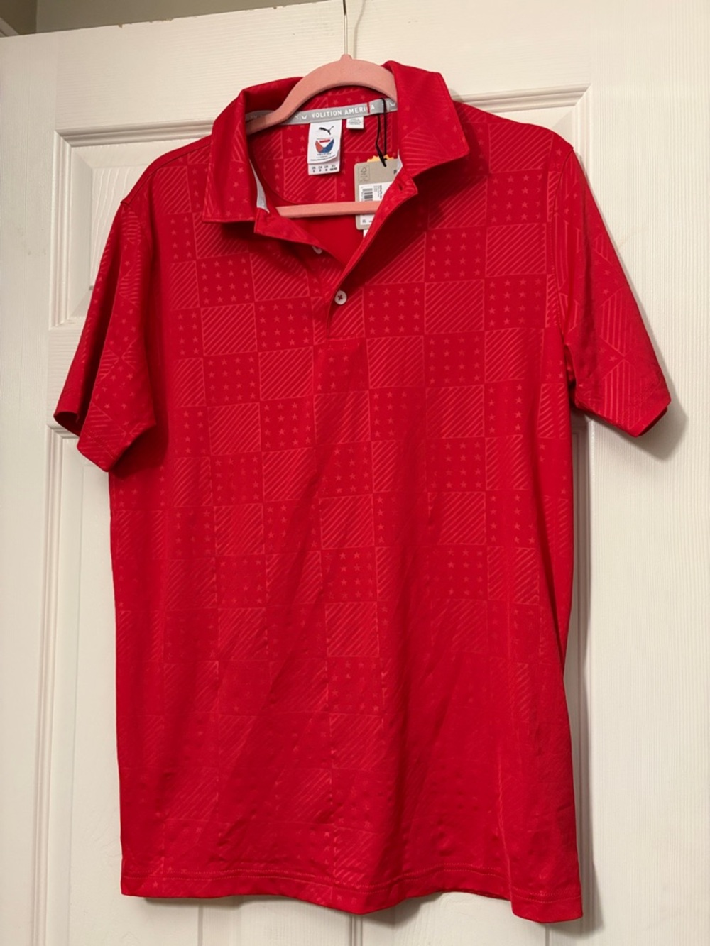Volition America Puma Red Men's Polo Shirt with Subtle Star and Stripe Texture